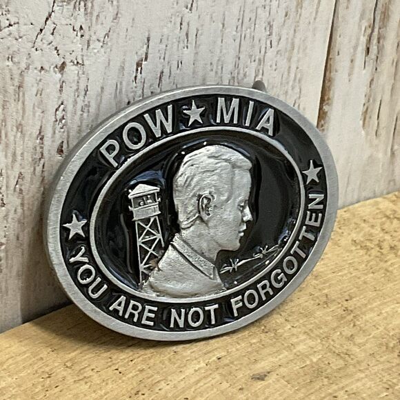 POW MIA Belt Buckle C J Inc 1987 Mens You Are Not Forgotten Patriotic Veterans - Picture 1 of 6